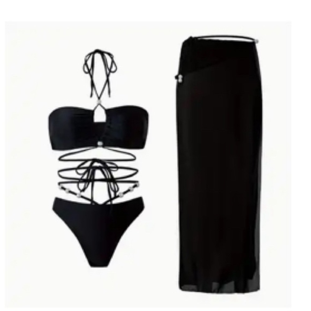 Sexy Black Bikini Women's sz Med-Swim Set w/Pearls and Midi Sheer Waist Wrap